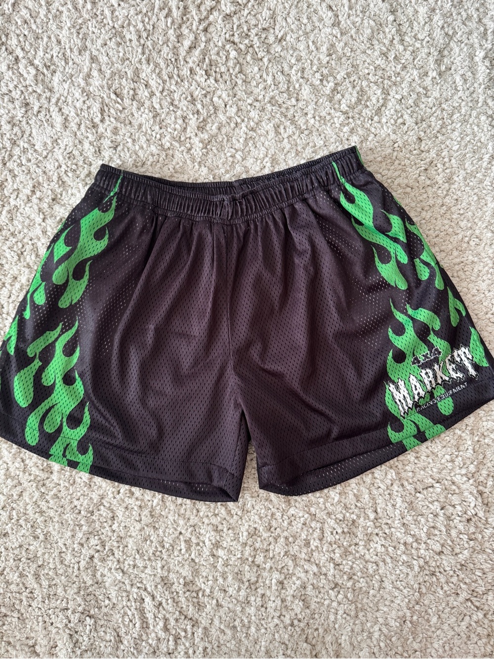 MARKET Black Athletic Mesh Shorts with Green Flame Accents